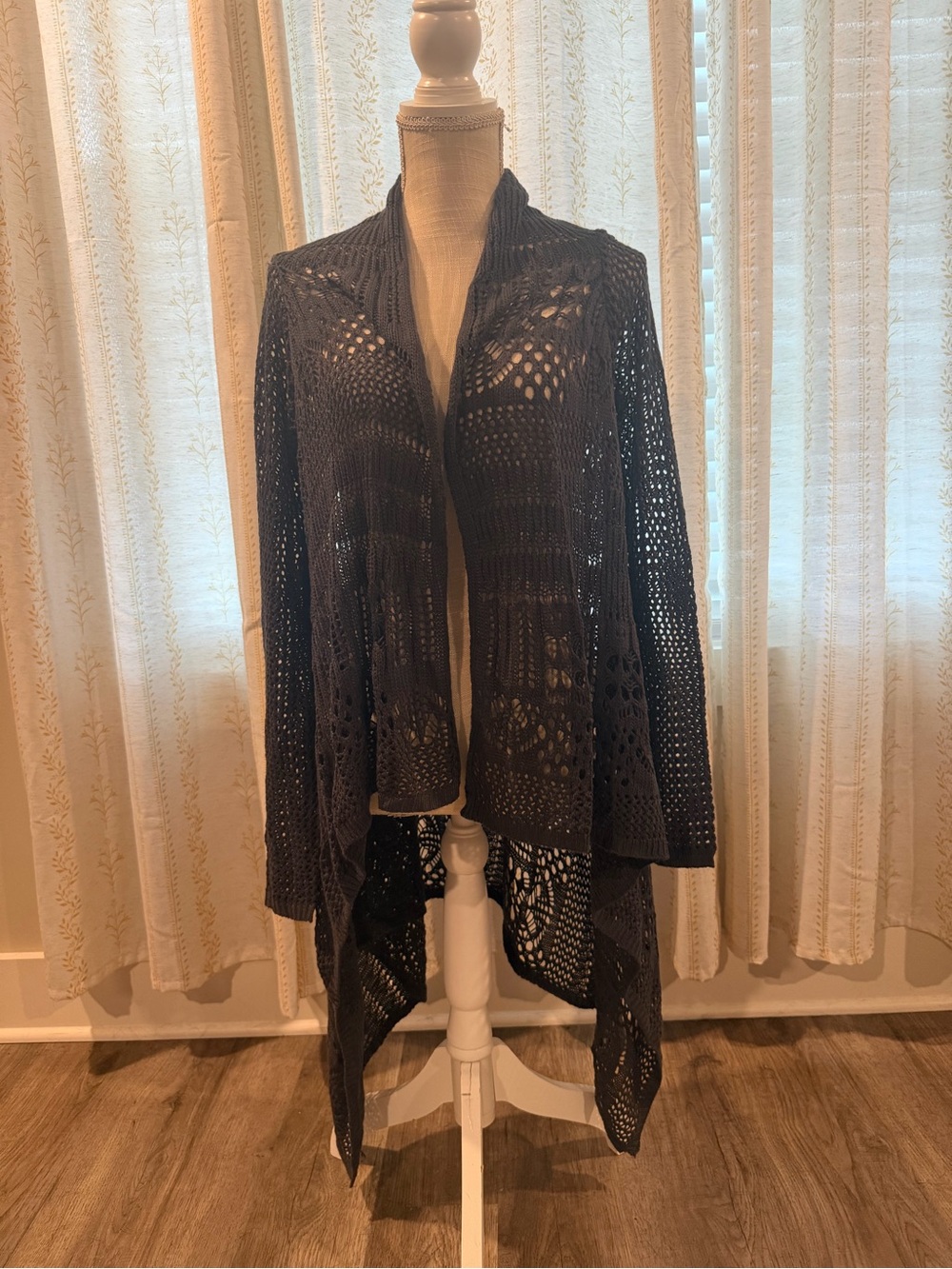 Olivia Sky Dark Grey Open-Front Crochet Knit Cardigan